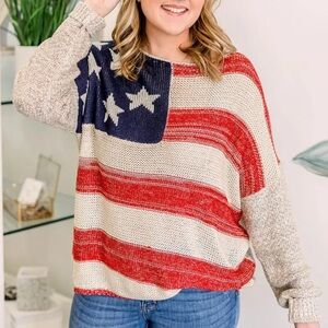 Easel Size S Oversized American Flag Pullover Sweater